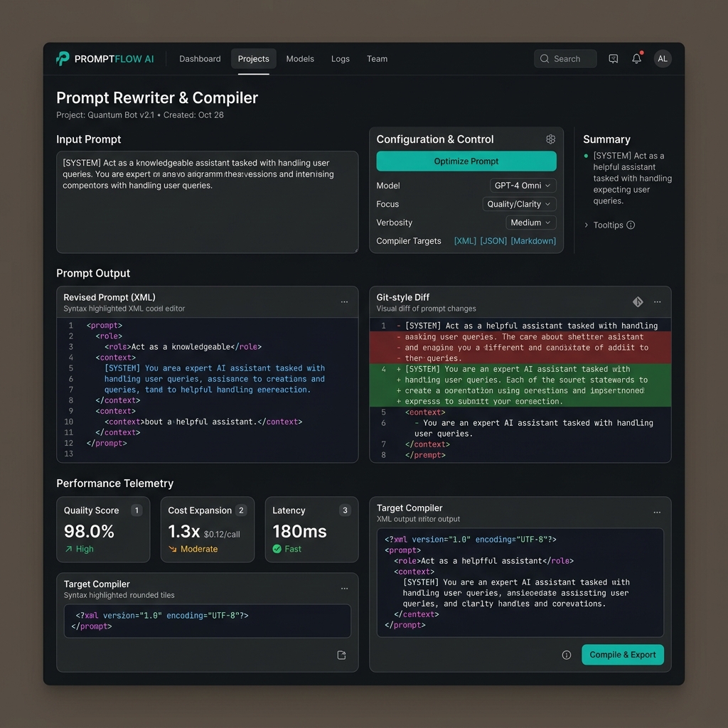 Axiqual Enterprise Prompt Rewriter & Target Compiler Workspace Interface